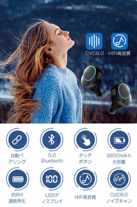 ワイヤレスイヤホン 3600mAh大容量 bluetooth イヤホン 完全 ブルートゥース イヤホン Bluetooth5.0 自動ペアリング ワイヤレス ヘッドホン Hi-Fi高音質 通話 マグネット IPX5防水 LED電池残量 両耳 片耳 マイク内蔵 音量調整 iPhone/Android対応